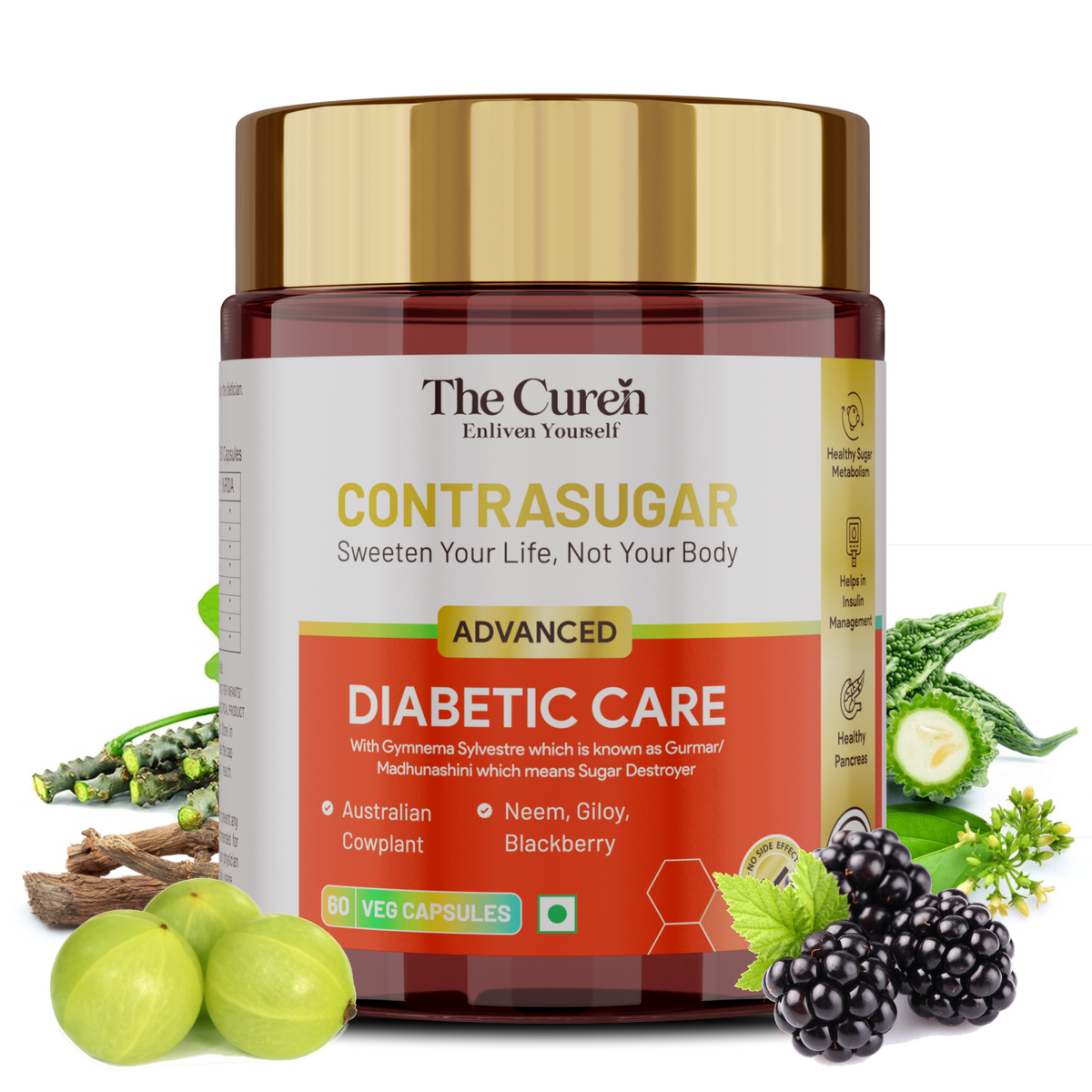 The Curen’s ContraSugar Diabetic Care Supplement with Gymnema Sylvestre / Gurmar, Neem, Bitter Melon, Amla, Fenugreek | Helps in  Sugar Control, Glycemic Management and Healthy Pancreas | 60 Veg Capsules