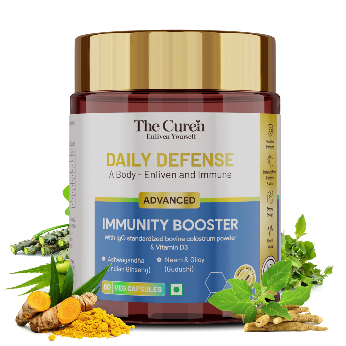 The Curen’s Daily Defence Immunity Booster Supplement with Ashwagandha, Neem, Giloy, Tulsi, Turmeric, Colostrum & Vitamin D3 | Helps in Immunity, Energy & Defence | 60 Veg Capsules for Men and Women