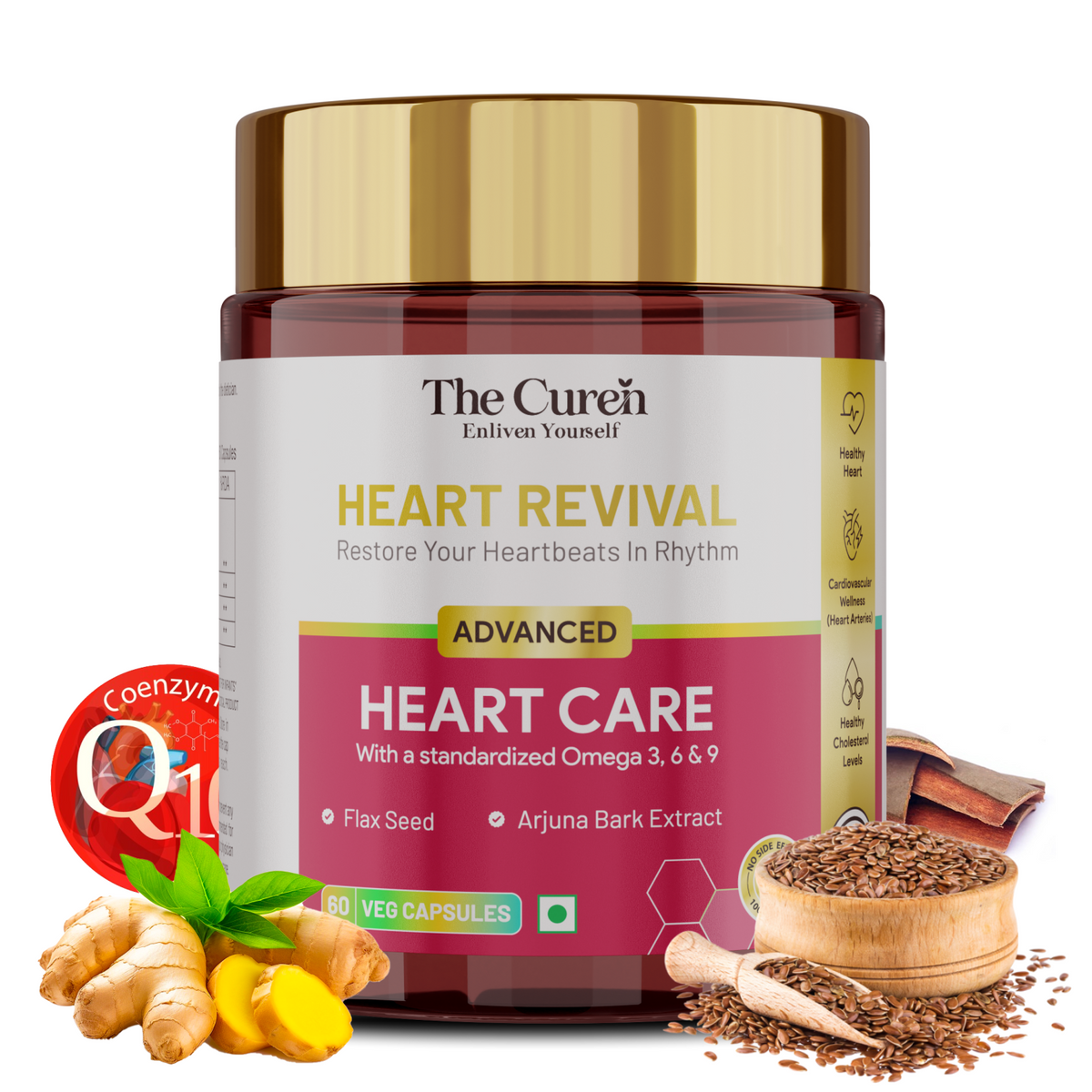 The Curen’s Heart Revival Heart Care Supplement with Flax Seeds (Std. Omega 3, 6, 9 fatty acid), Co-Enzymes Q10 & Arjuna Bark, Ginger | Help in Heart and Cardiovascular Wellness | 60 Veg Capsules