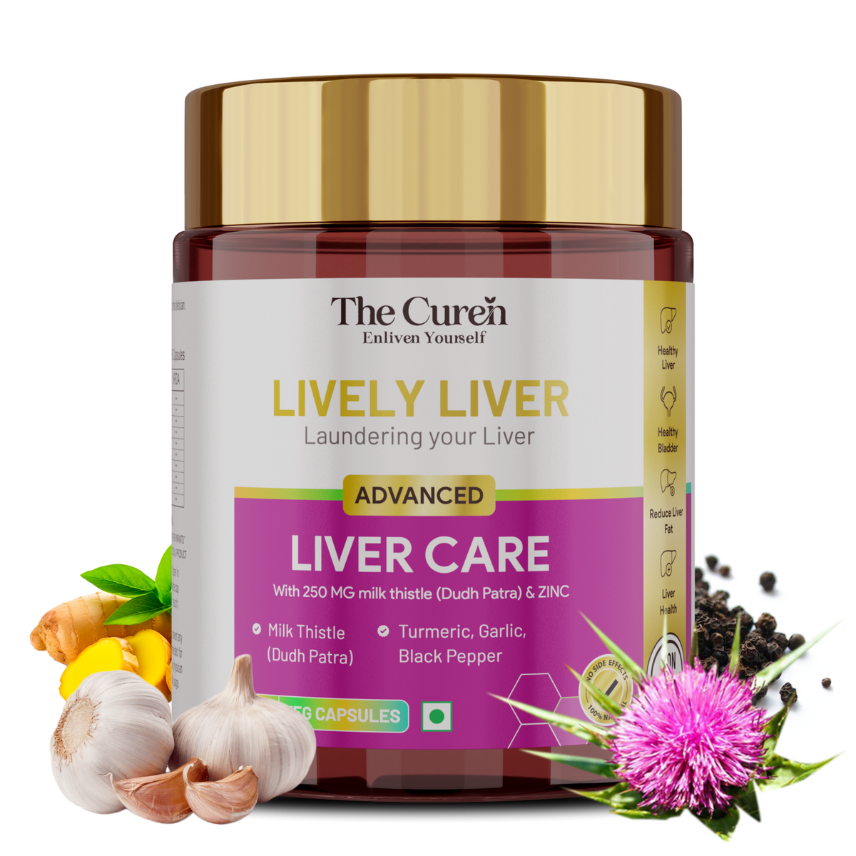 The Curen’s Lively Liver | Liver Care Supplements with Milk Thistle, Zinc, Bioflavonoids, Black Pepper, Turmeric & Garlic | For Liver Detox, Gut Health, Lipid Metabolism & Bile Flow | 60 Veg Capsules | For Men and Women