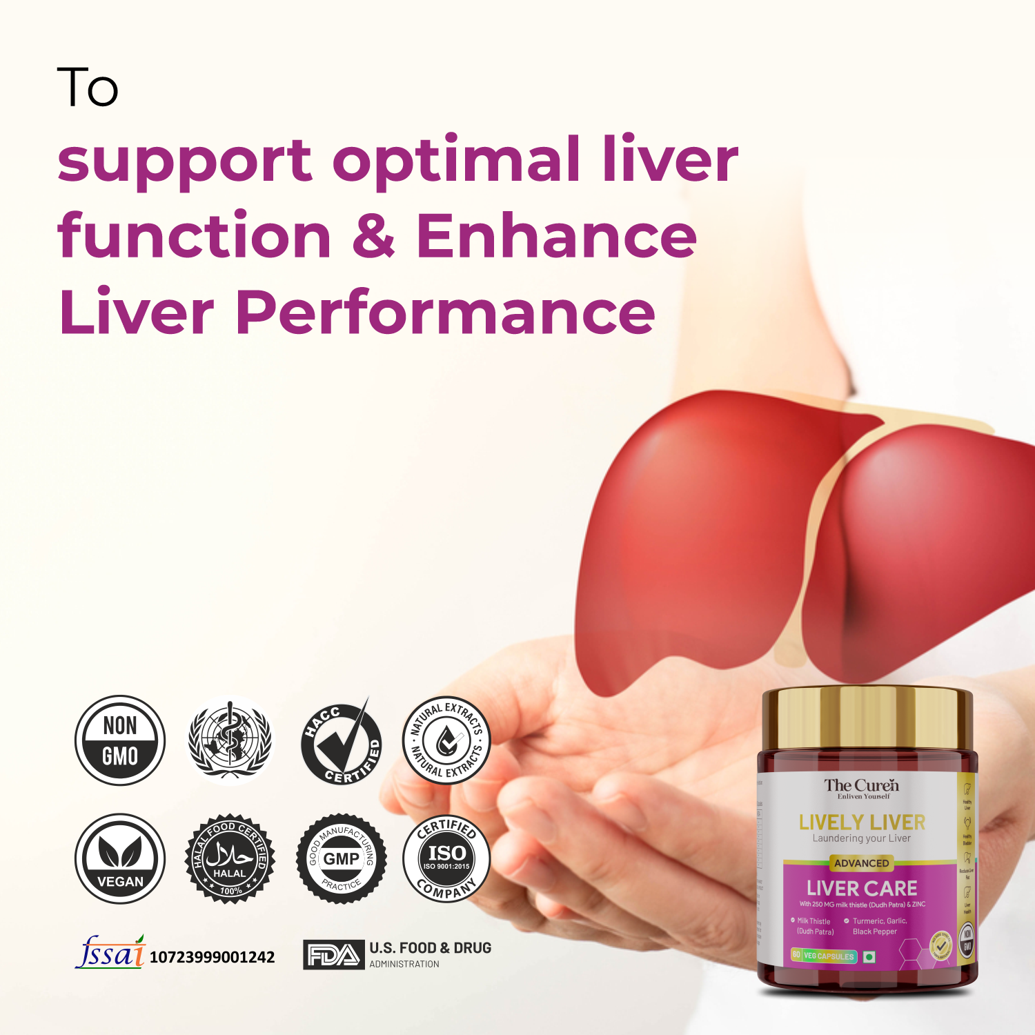 The Curen’s Lively Liver | Liver Care Supplements with Milk Thistle, Zinc, Bioflavonoids, Black Pepper, Turmeric & Garlic | For Liver Detox, Gut Health, Lipid Metabolism & Bile Flow | 60 Veg Capsules | For Men and Women