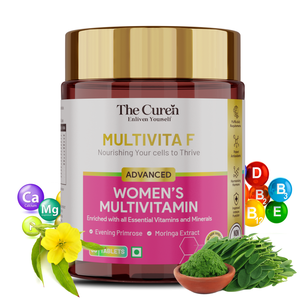 The Curen’s Multivita F Women’s Multivitamin Supplement with 23 Multivitamins and Minerals, Inositol, primrose, Moringa, Biotin, EPA and DHA  | Help in  Overall health, Beauty, Menstrual pain and Hormone Balance | 60 Veg Tablets