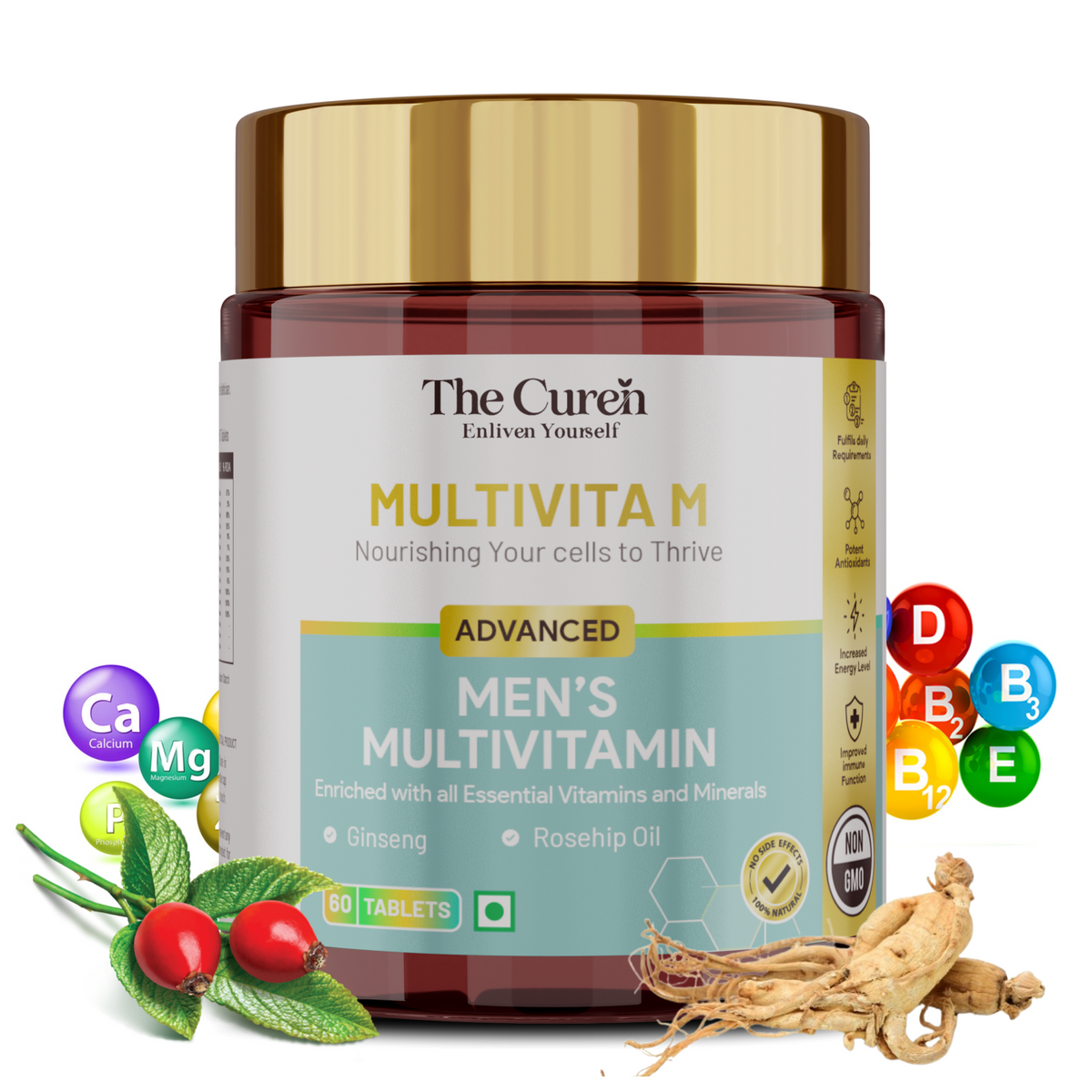 The Curen’s Multivita M Men’s Multivitamin Supplement with 25 Multivitamins and Minerals, Rosehip, Ginseng, Mixed Carotenoids, Biotin, EPA and DHA  | Help in  Overall Health, Beauty, Strength, Stamina and Stress Relief | 60 Veg Tablets