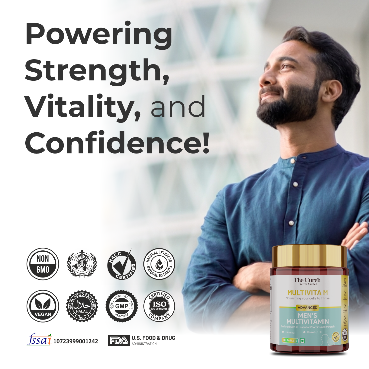 The Curen’s Multivita M Men’s Multivitamin Supplement with 25 Multivitamins and Minerals, Rosehip, Ginseng, Mixed Carotenoids, Biotin, EPA and DHA  | Help in  Overall Health, Beauty, Strength, Stamina and Stress Relief | 60 Veg Tablets