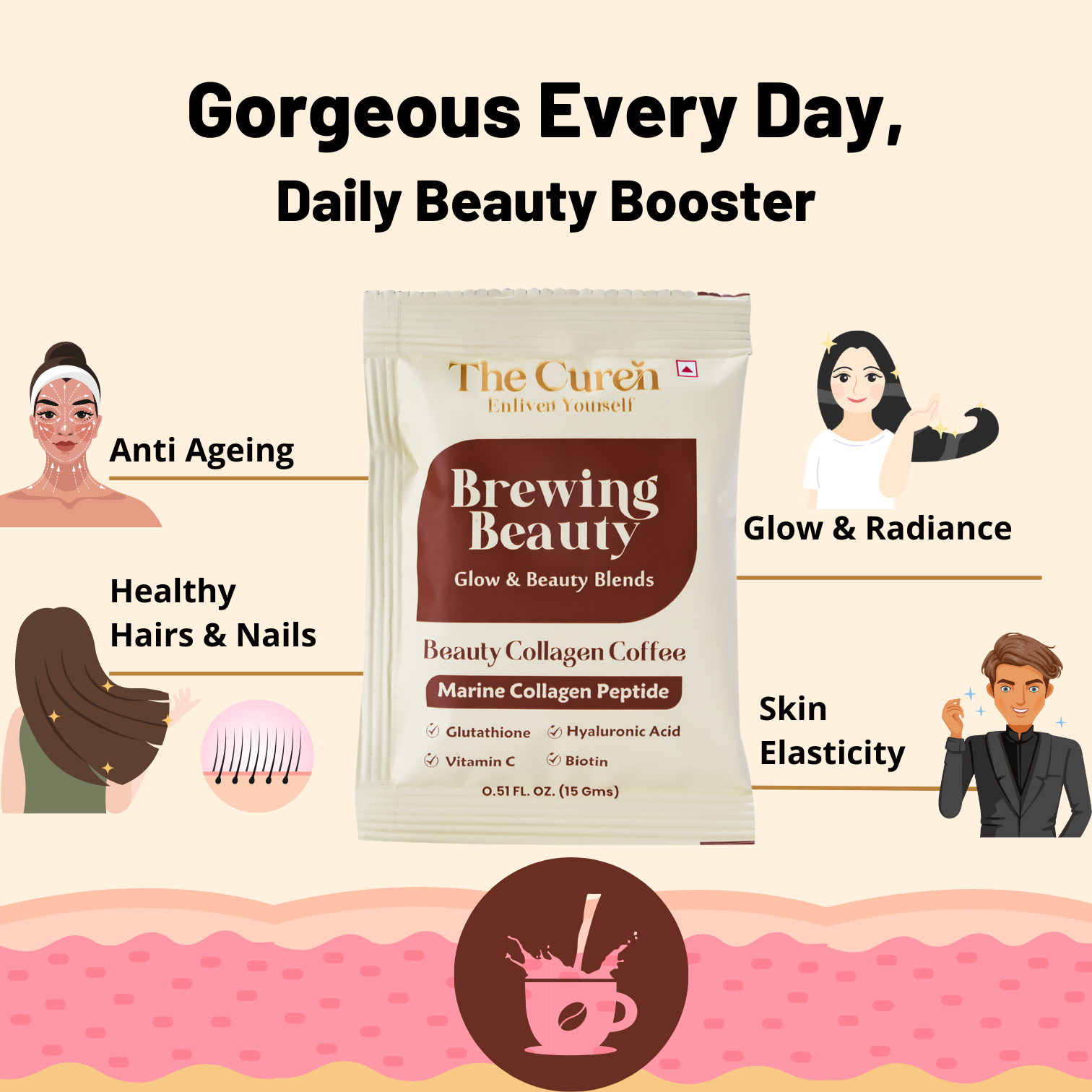 Café au collagène The Curen's Brewing Beauty avec peptide de collagène marin, glutathion, vitamine C, acide hyaluronique et biotine pour le bien-être de la peau, des cheveux et des ongles I 10 Sachet * 15G I 150 GRAM I Pour hommes et femmes