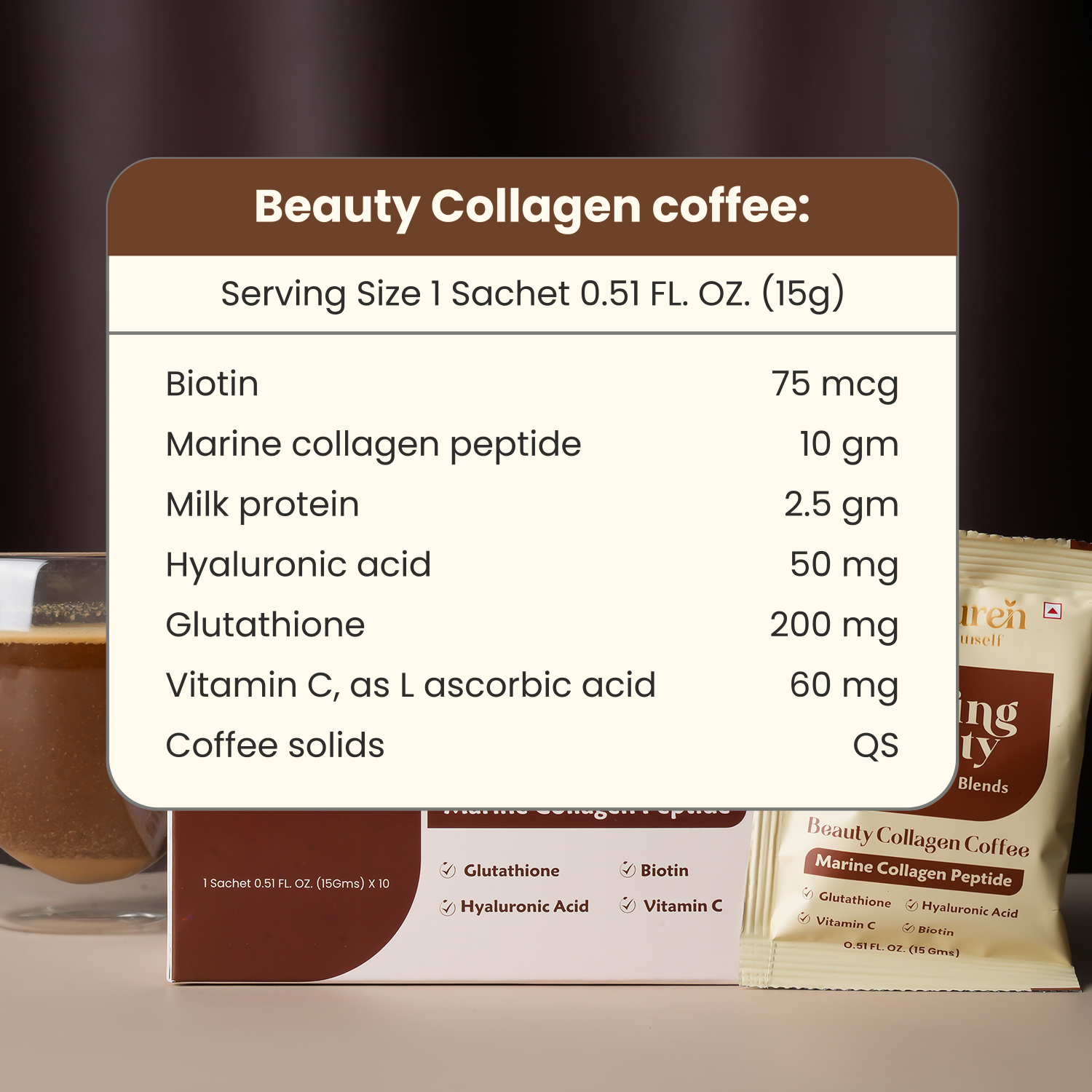 Café au collagène The Curen's Brewing Beauty avec peptide de collagène marin, glutathion, vitamine C, acide hyaluronique et biotine pour le bien-être de la peau, des cheveux et des ongles I 10 Sachet * 15G I 150 GRAM I Pour hommes et femmes