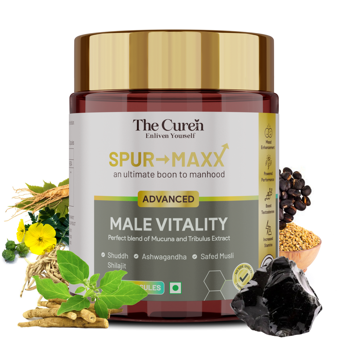 The Curen's Spur Maxx Male Vitality Supplements avec Shuddh Shilajit / Acide Fulvique, Musli, Ginseng, Ashwagandha, Gokshur et Kapikacchu | Aide à l'énergie, à l'endurance, à la force, à l'humeur et à la testostérone | 60 gélules végétales