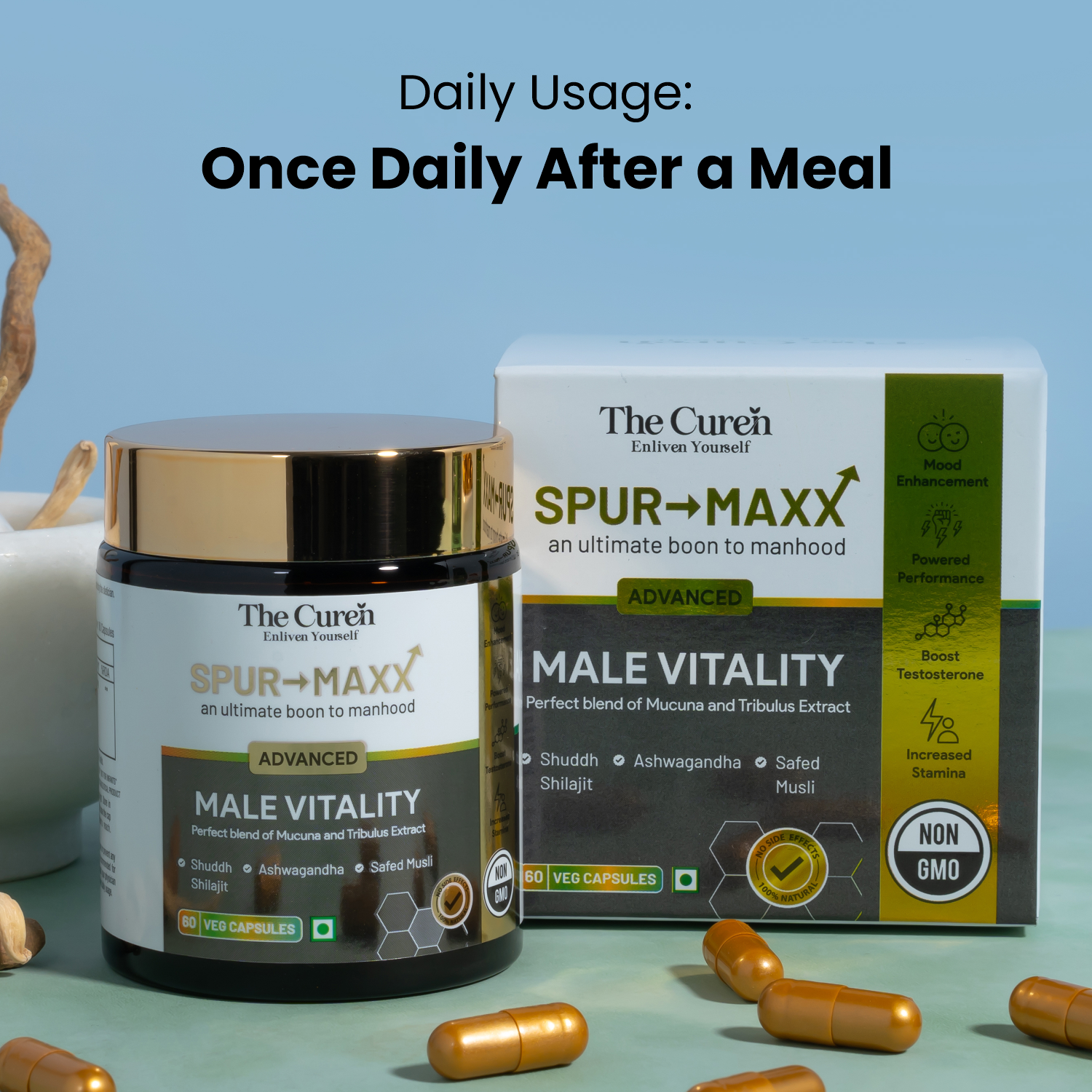 The Curen's Spur Maxx Male Vitality Supplements avec Shuddh Shilajit / Acide Fulvique, Musli, Ginseng, Ashwagandha, Gokshur et Kapikacchu | Aide à l'énergie, à l'endurance, à la force, à l'humeur et à la testostérone | 60 gélules végétales